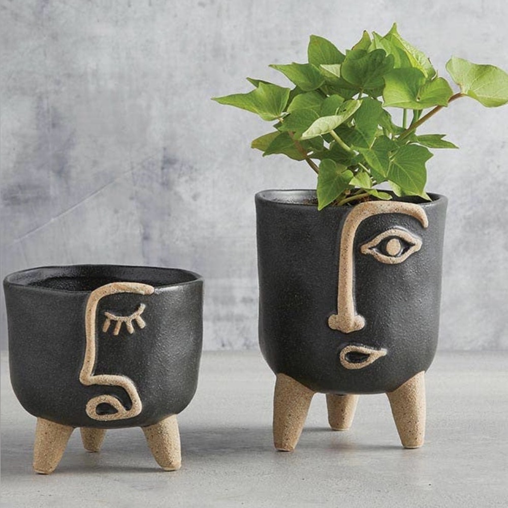 Modern Black Face Planter Set With Legs Sculptural Ceramic Pots
